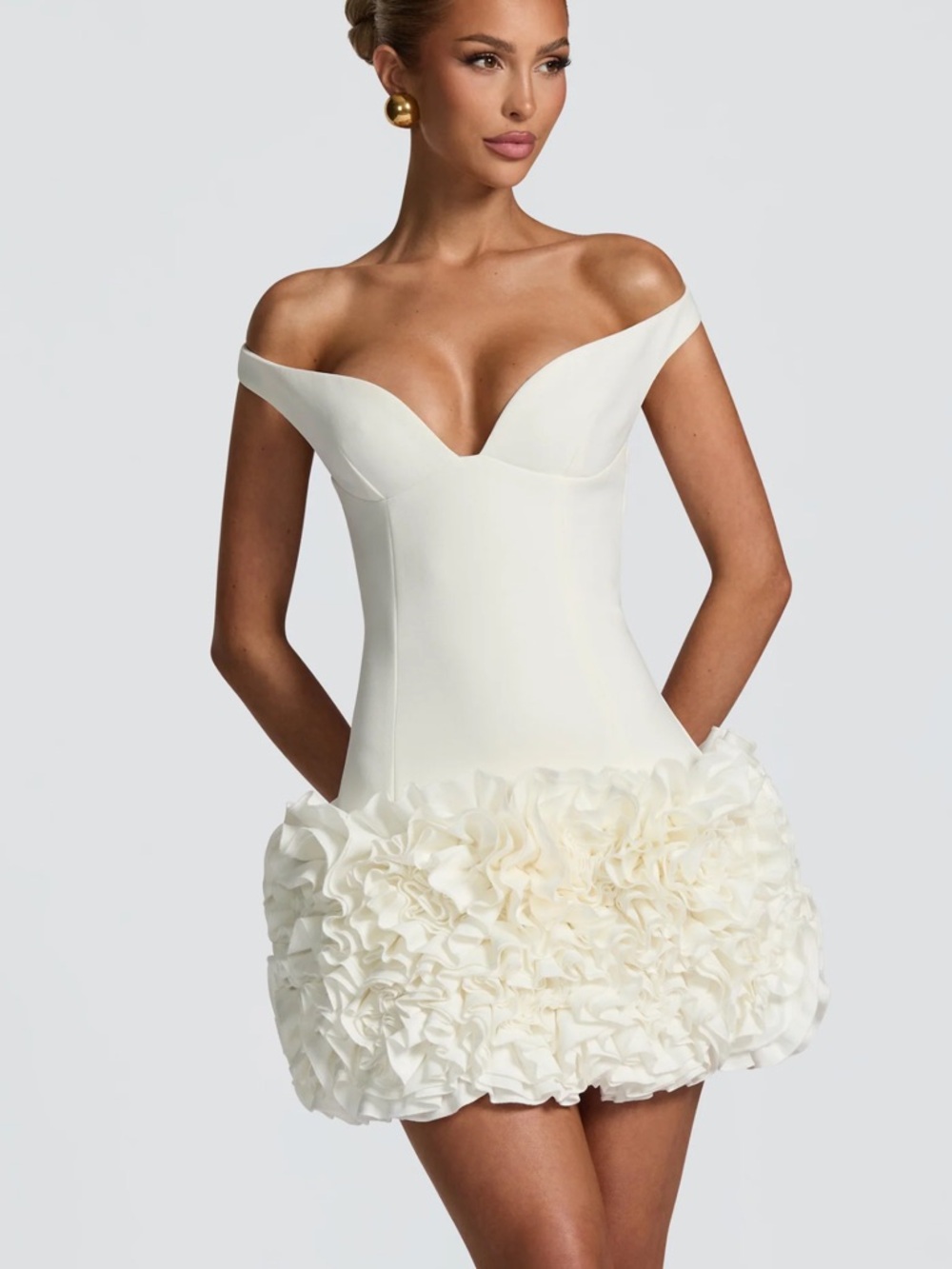 Off-Shoulder Ivory Ruffle Hem Mini Dress